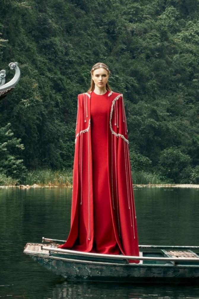 Stone Embellished Floor Length Cape - TRACY COUTURE